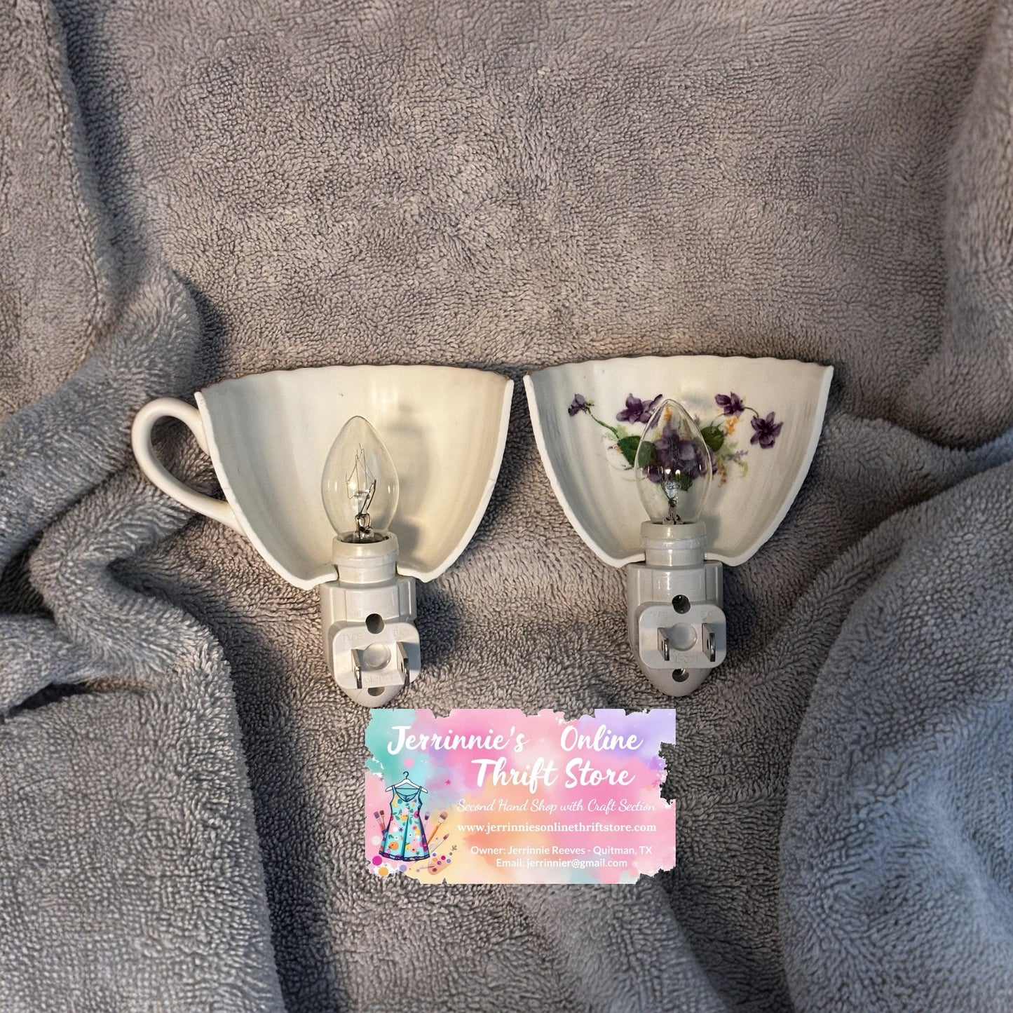 Handcrafted English Bone China Violet Teacup Night Light Set – Set of 2 Plug-In