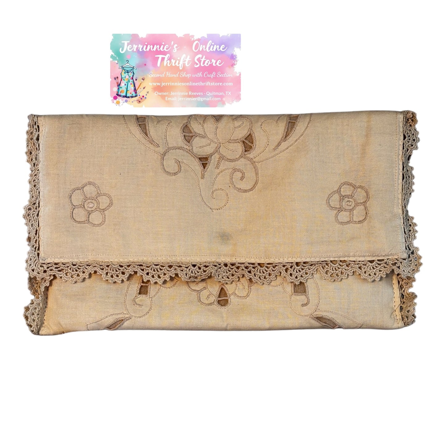 Handmade Vintage Linen Clutch Purse – Cutwork Embroidery & Crochet Lace – One of a Kind!