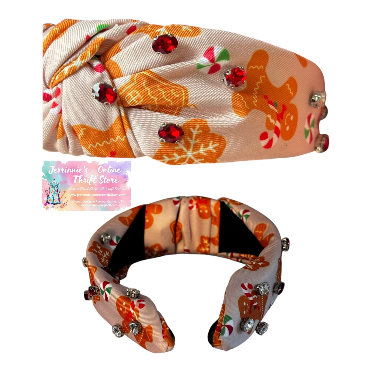 Christmas Gingerbread Man Rhinestone Knotted Headband – Cream