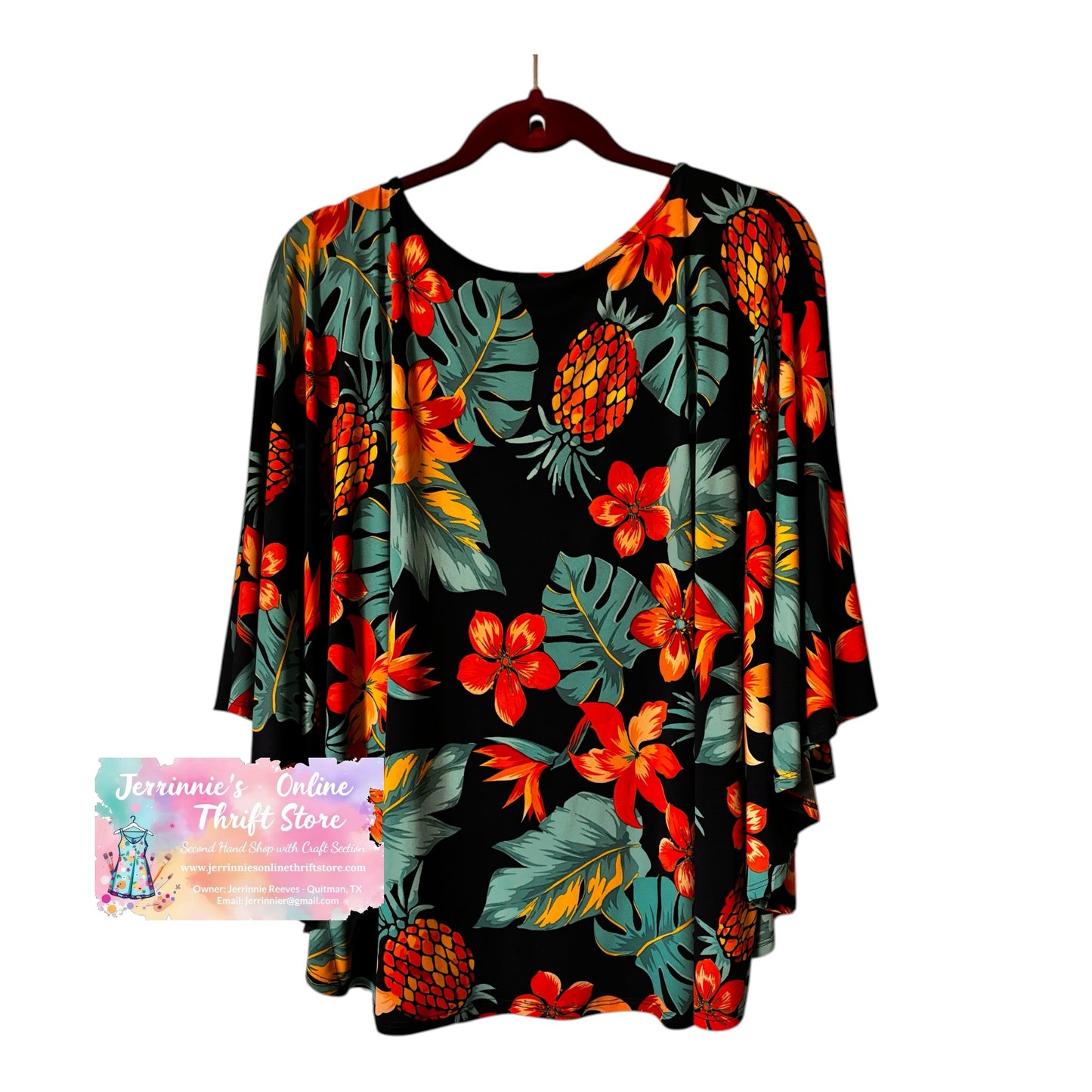 Ruby Rd. Tropical Print Poncho Top — Women's XL Black Floral & Pineapple Blouse