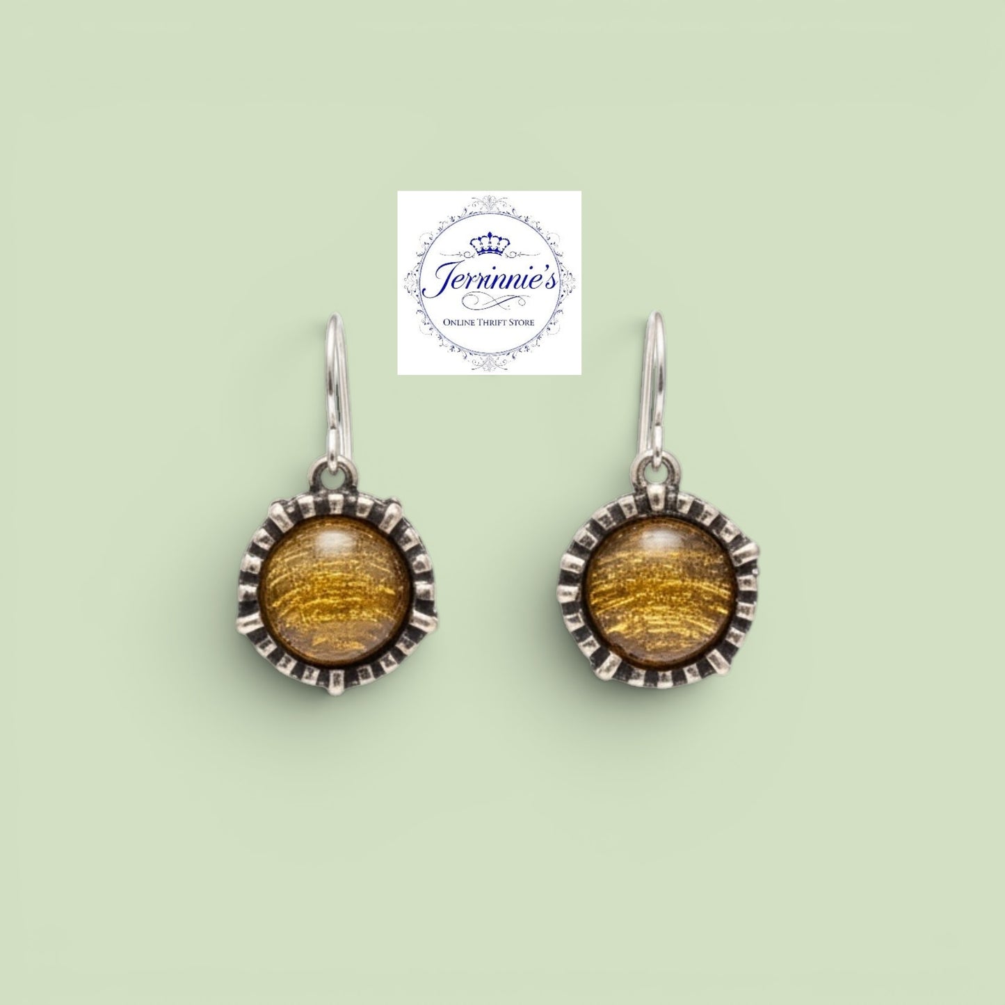 Green Amber Gemstone Round Ring & Drop Earrings Set – Silver-Tone