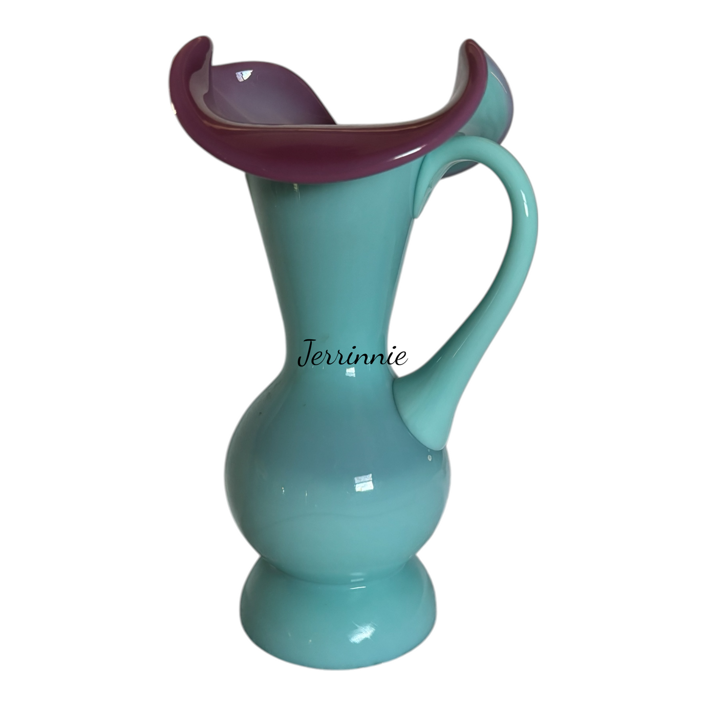 Fenton Cased Glass Pitcher Turquoise Body and Pink Rim