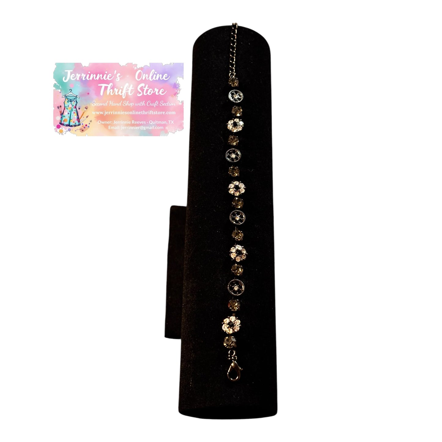 Vintage Black & Crystal Rhinestone Floral Link Bracelet
