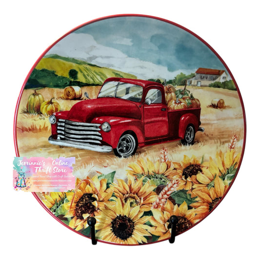 Fall Harvest Red Truck Ceramic Plate – Sunflowers & Pumpkins | ~10" Round
