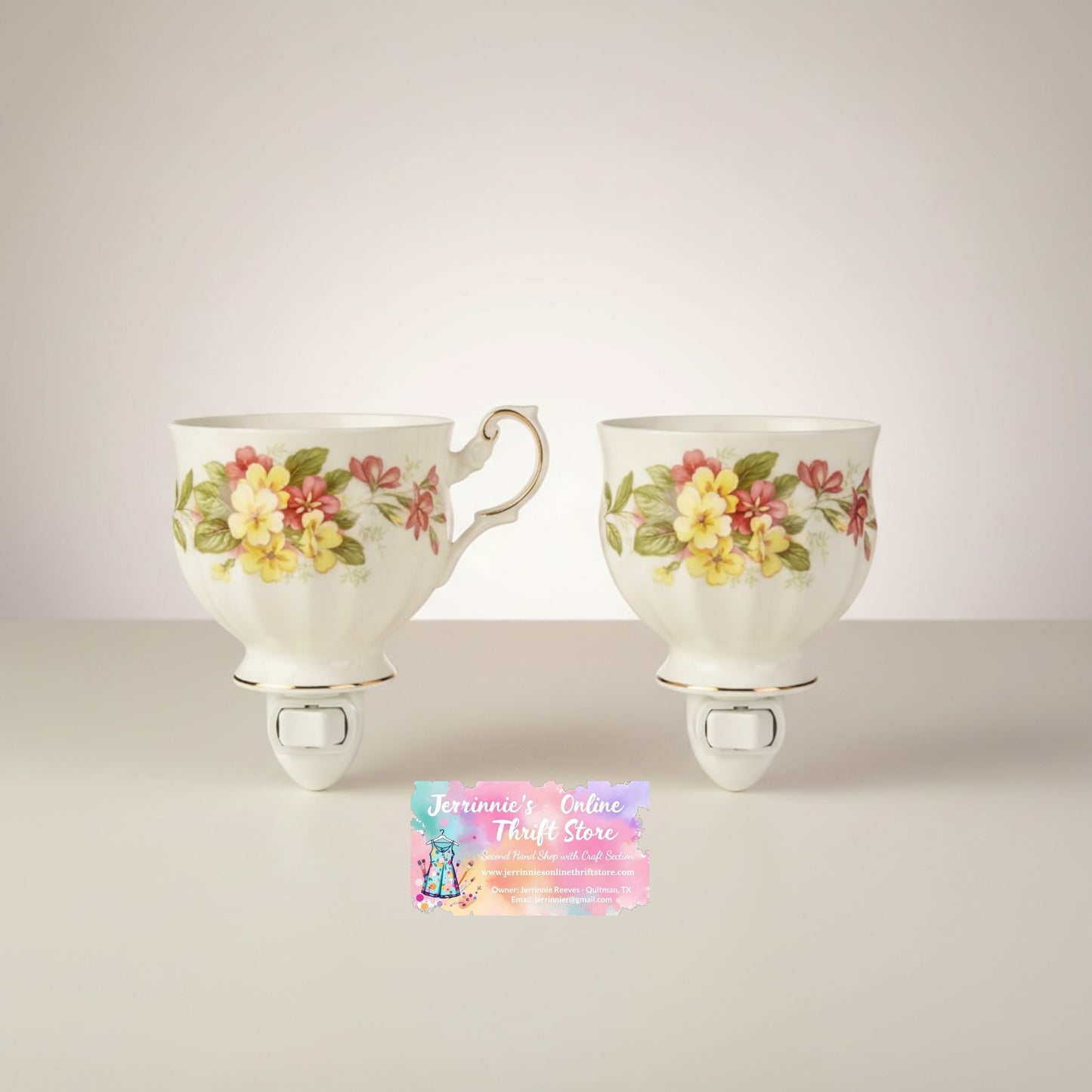 Set of 2 Bone China Teacup Night Light with Floral Decoration