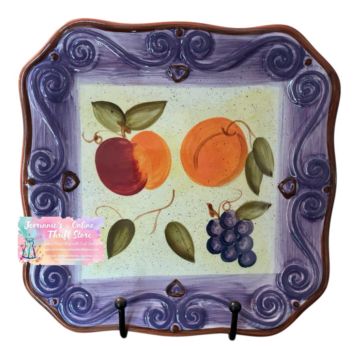 Medici by Tabletops Unlimited Hand-Painted Fruit Square Plate – Peaches & Grapes | ~10x10