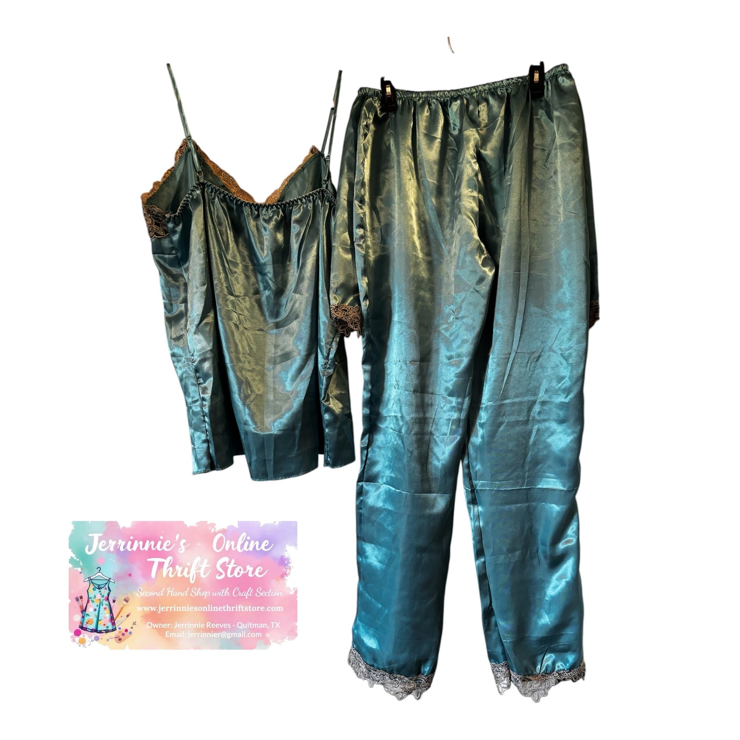 Teal Satin 3-Piece Pajama Set with Gold Lace Trim
