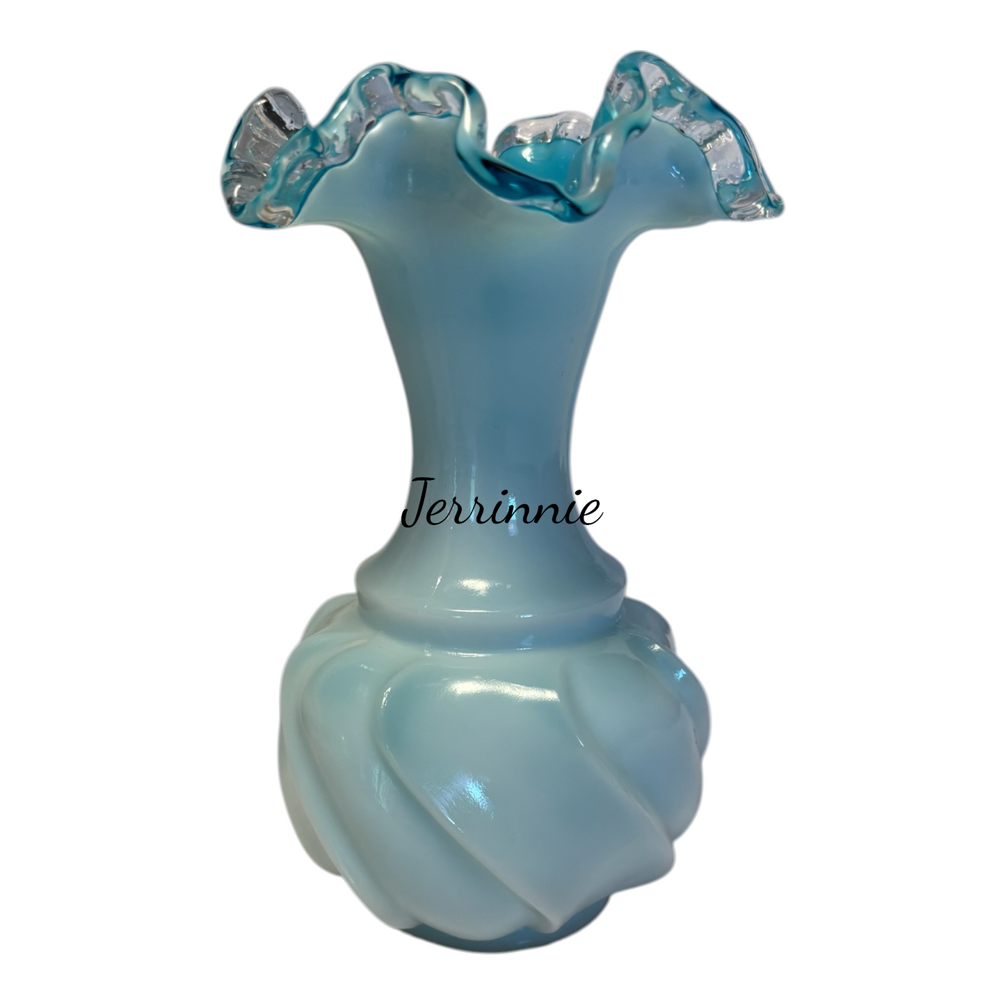 Fenton Jamestown Glass Opalescent White Vase Blue Ruffled Rim