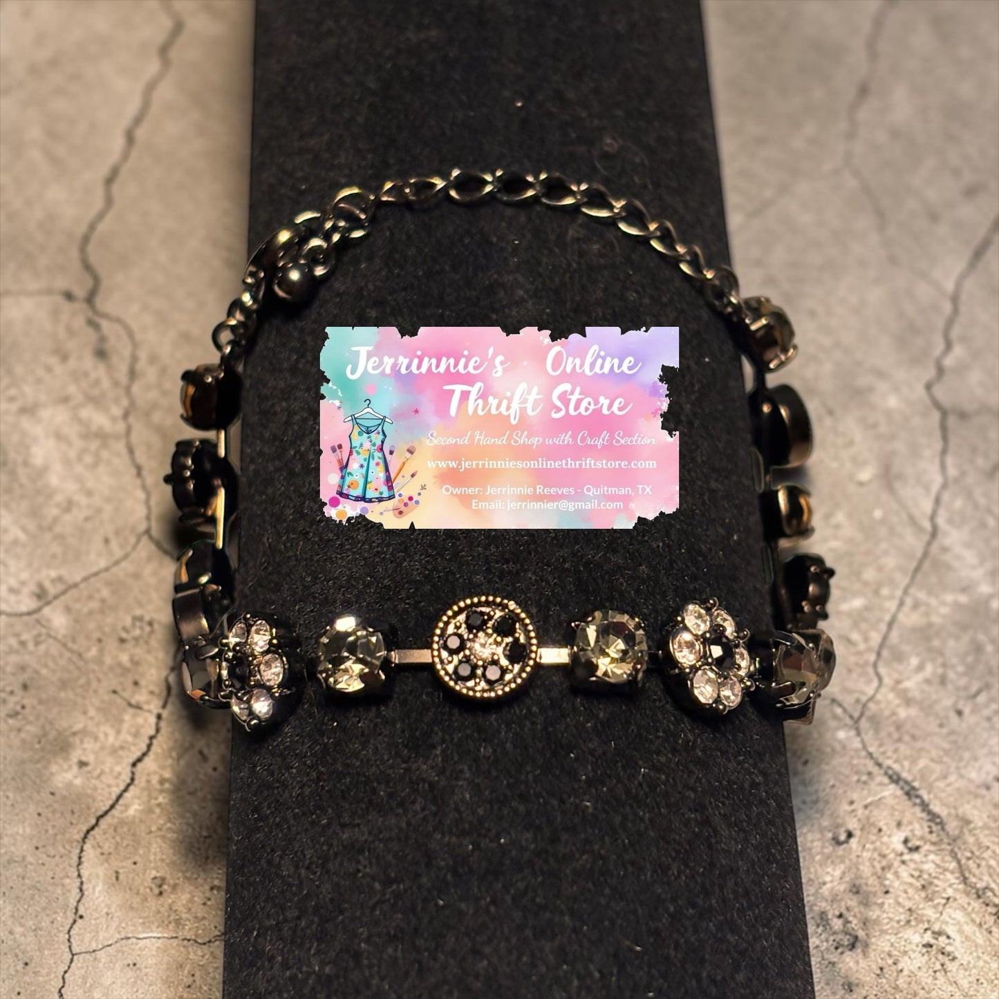 Vintage Black & Crystal Rhinestone Floral Link Bracelet