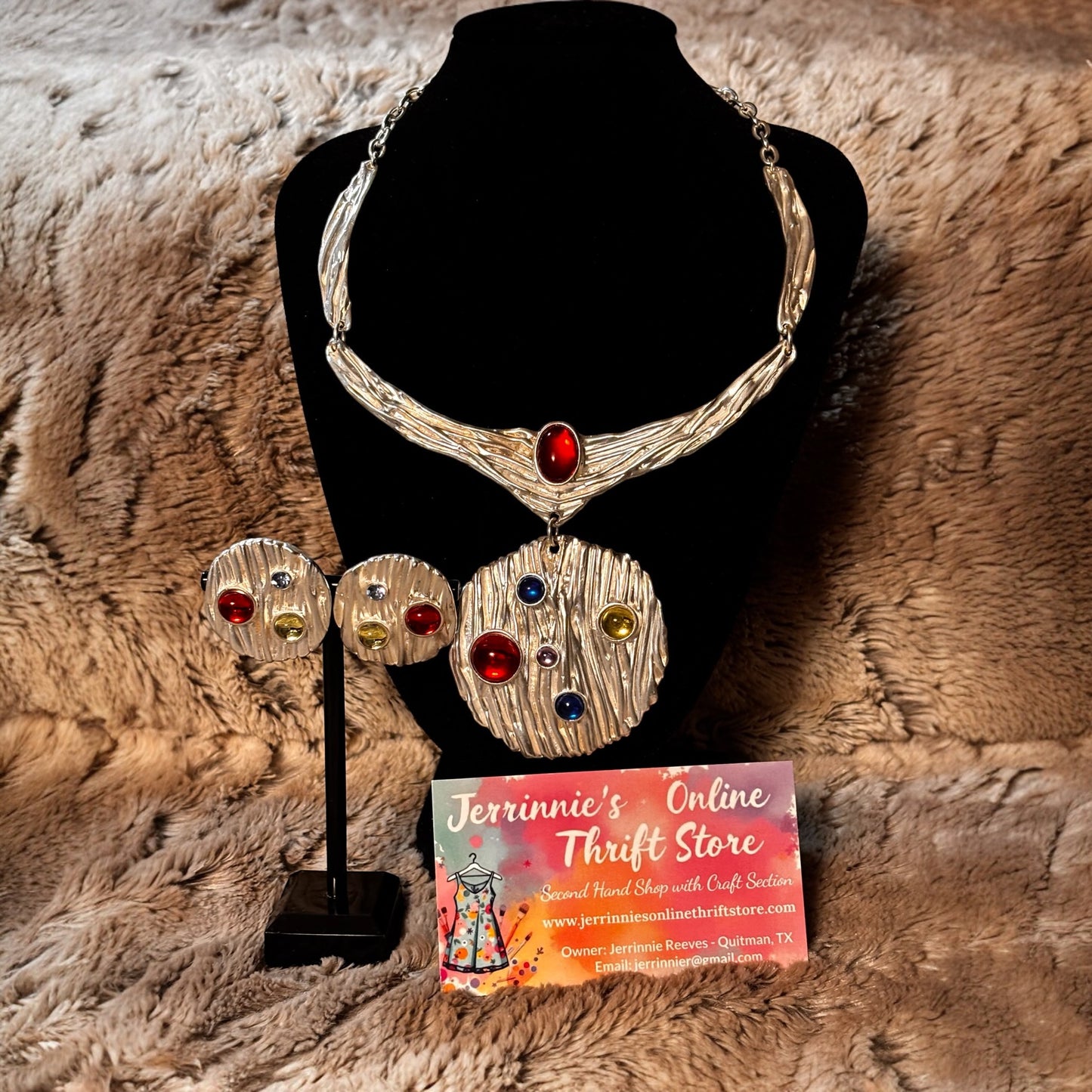 Vintage Silver-Tone Multicolor Gemstone Necklace & Earring Set
