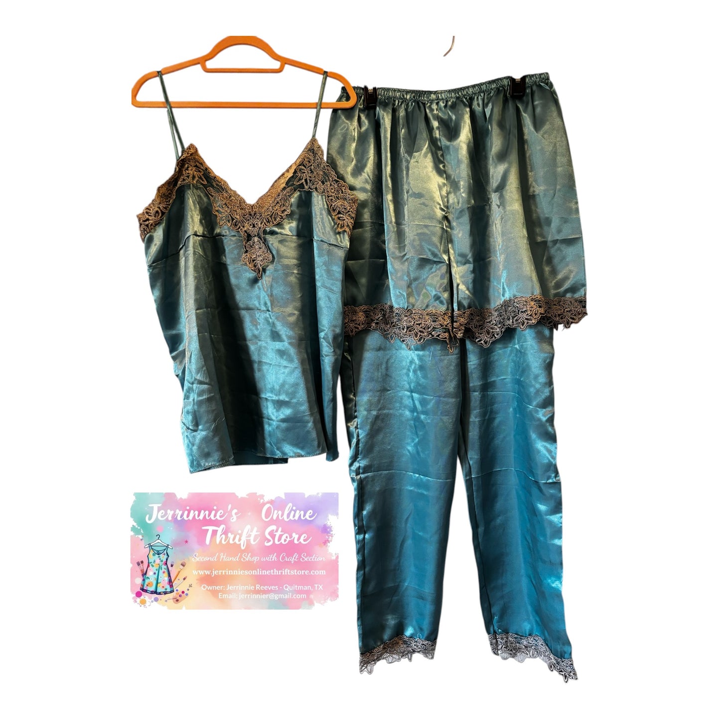 Teal Satin 3-Piece Pajama Set with Gold Lace Trim