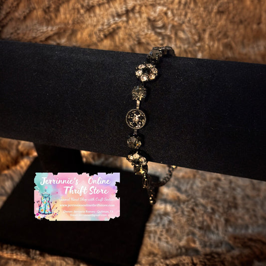 Vintage Black & Crystal Rhinestone Floral Link Bracelet
