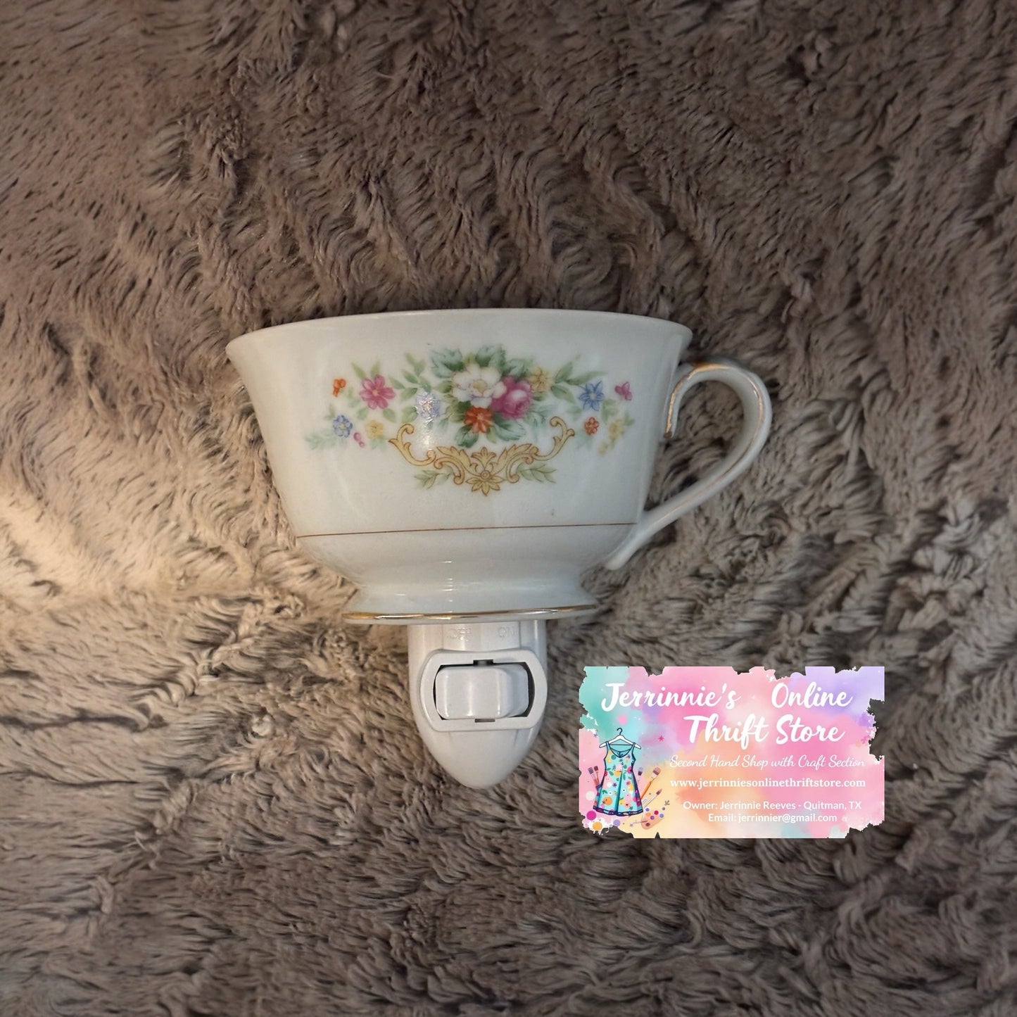 Vintage Japanese Tea Cup Night Light with Floral-Gold trim
