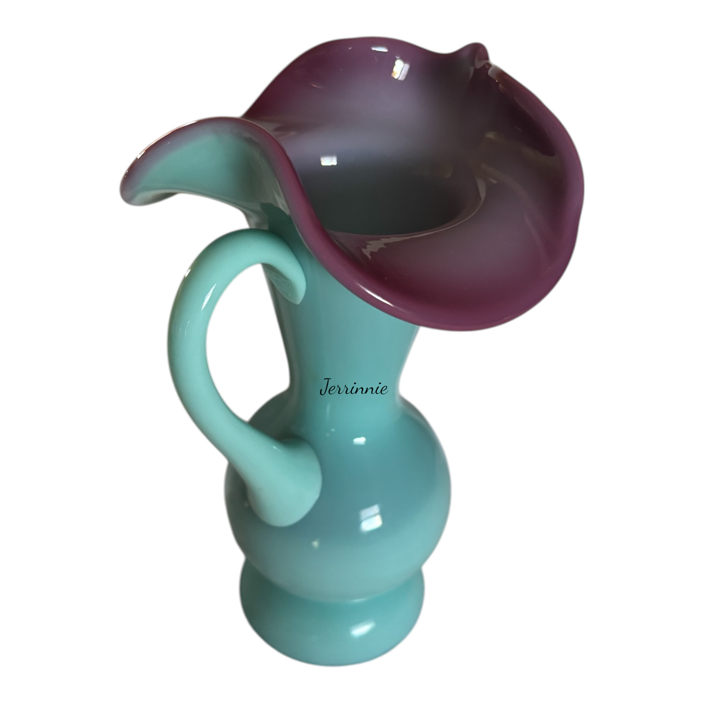 Fenton Cased Glass Pitcher Turquoise Body and Pink Rim