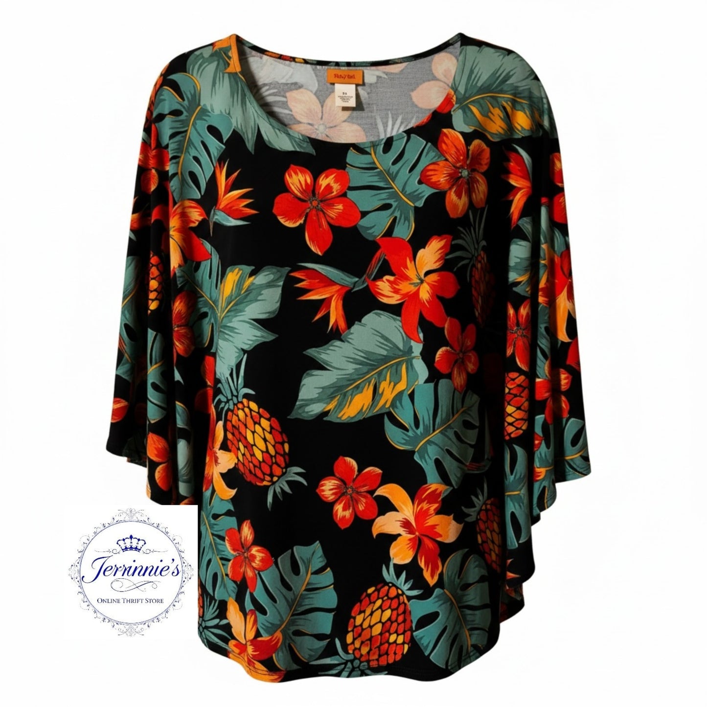Ruby Rd. Tropical Print Poncho Top — Women's XL Black Floral & Pineapple Blouse