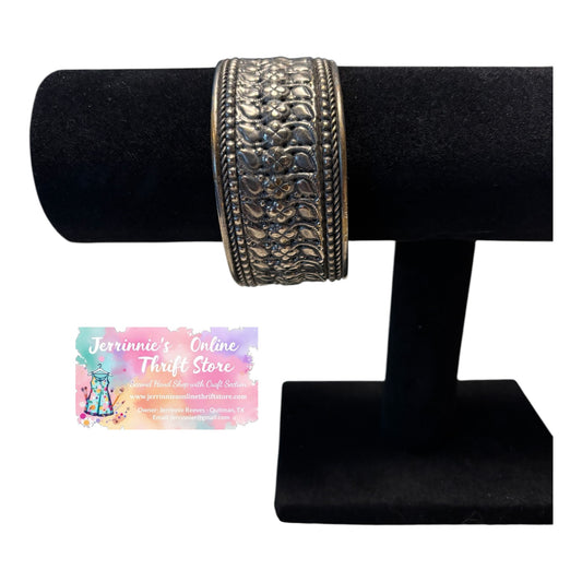 Vintage Silver-Tone Embossed Floral Cuff Bracelet