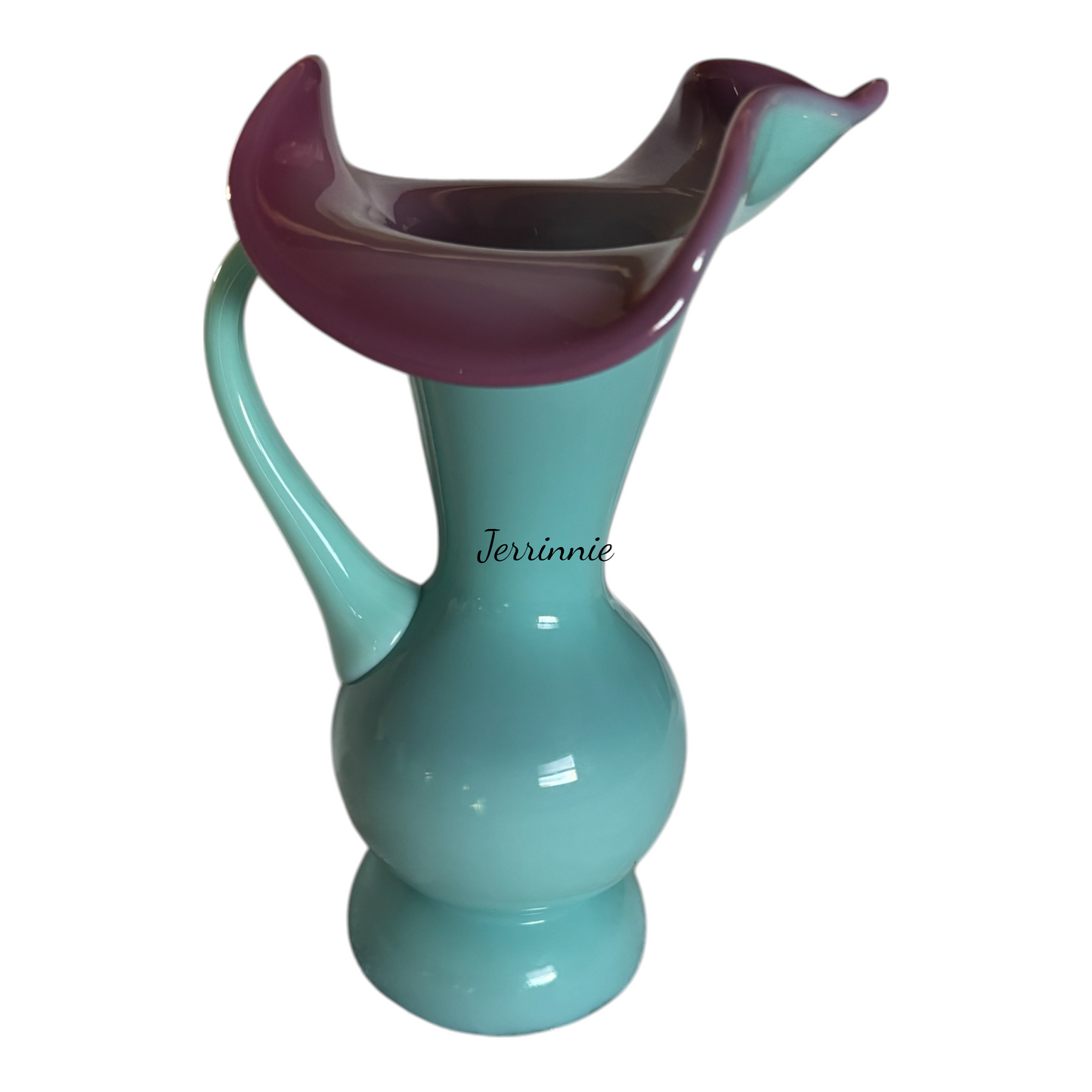 Fenton Cased Glass Pitcher Turquoise Body and Pink Rim