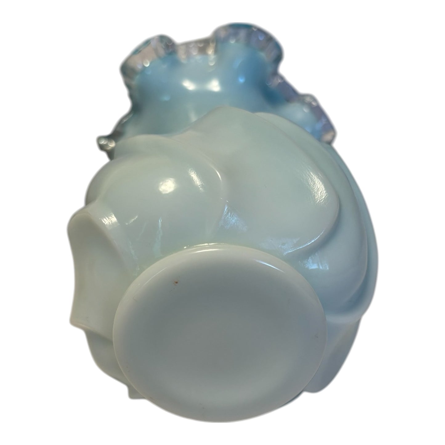 Fenton Jamestown Glass Opalescent White Vase Blue Ruffled Rim