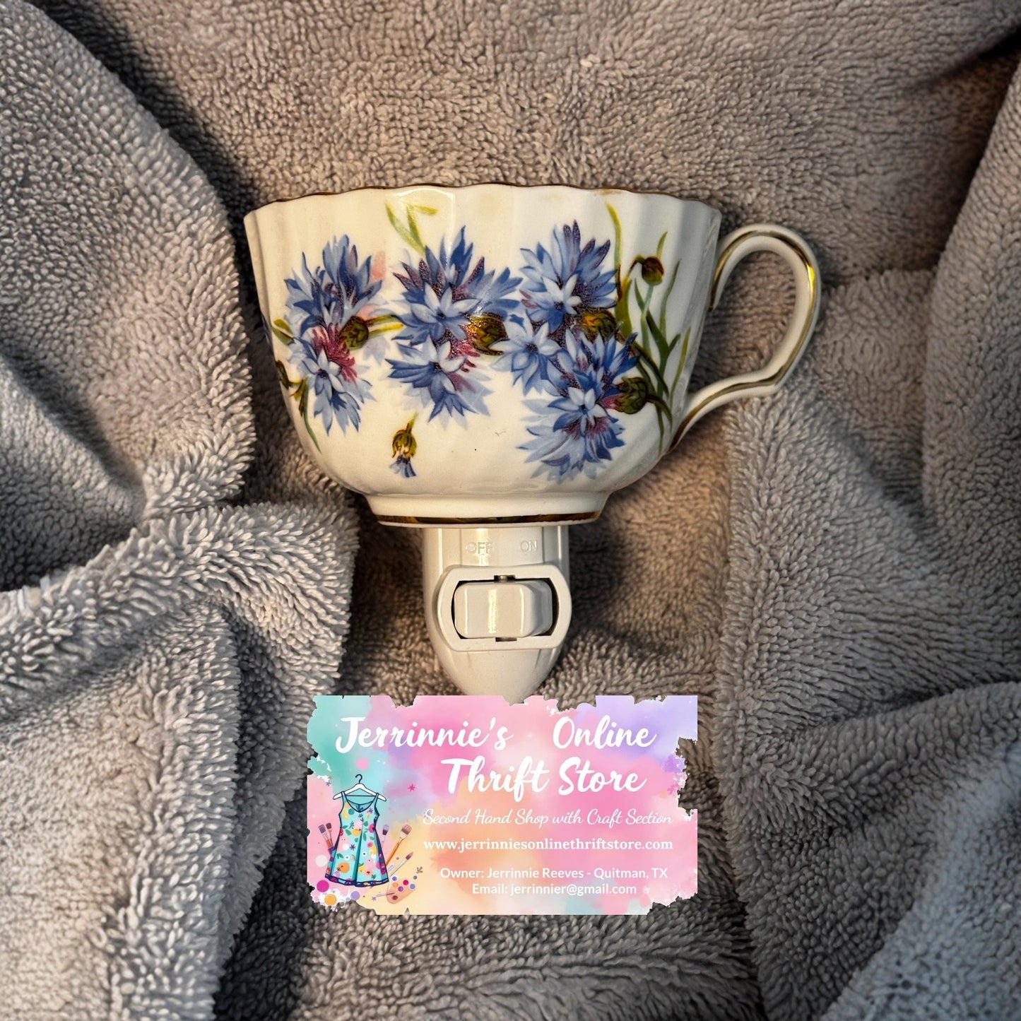 Handcrafted Bone China Cornflower Teacup Night Light – Blue Floral Porcelain Plug-In