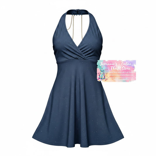 Steel Blue Halter Skater Dress with Chain Detail