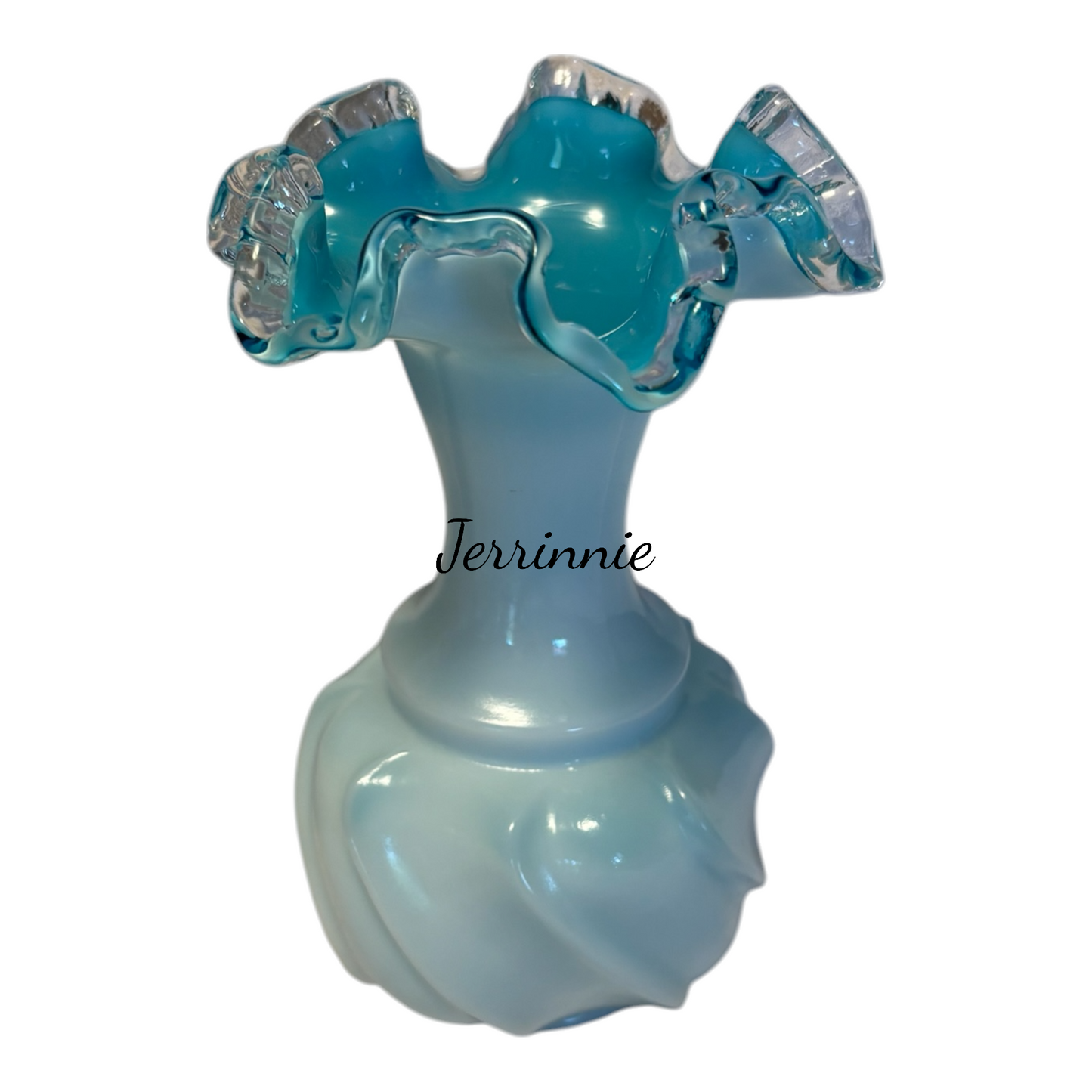 Fenton Jamestown Glass Opalescent White Vase Blue Ruffled Rim