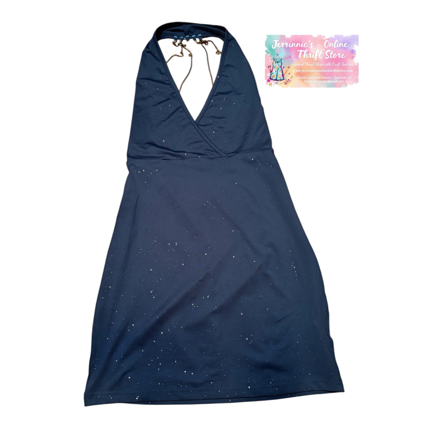 Steel Blue Halter Skater Dress with Chain Detail
