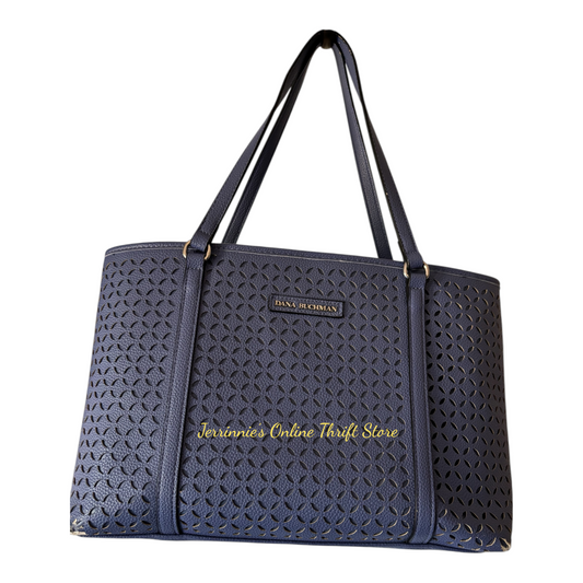 Navy blue handbag with a visible brand logo on a white background