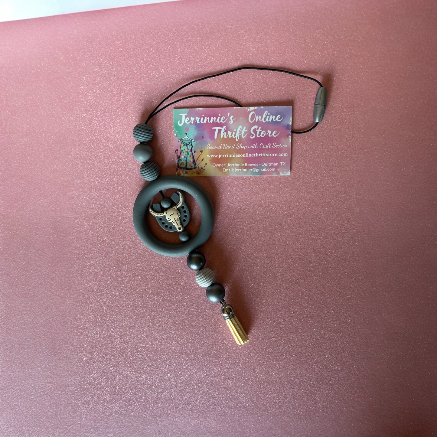 Cow Skull Beaded Car Charm - Handmade Western Rearview Accessory