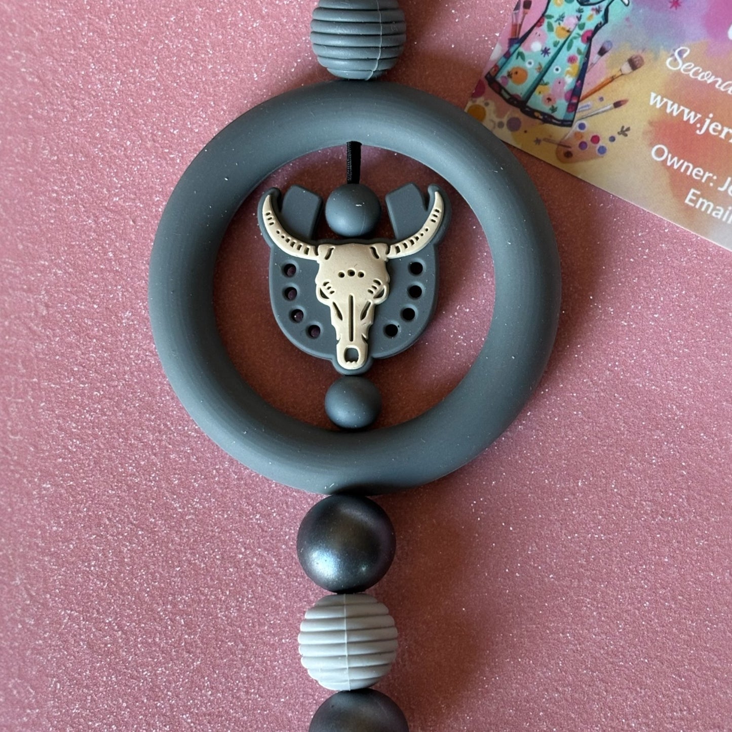 Cow Skull Beaded Car Charm - Handmade Western Rearview Accessory