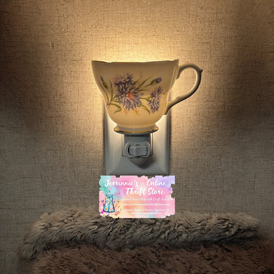 Vintage English Tea Cup Night Light with Blue Cornflower