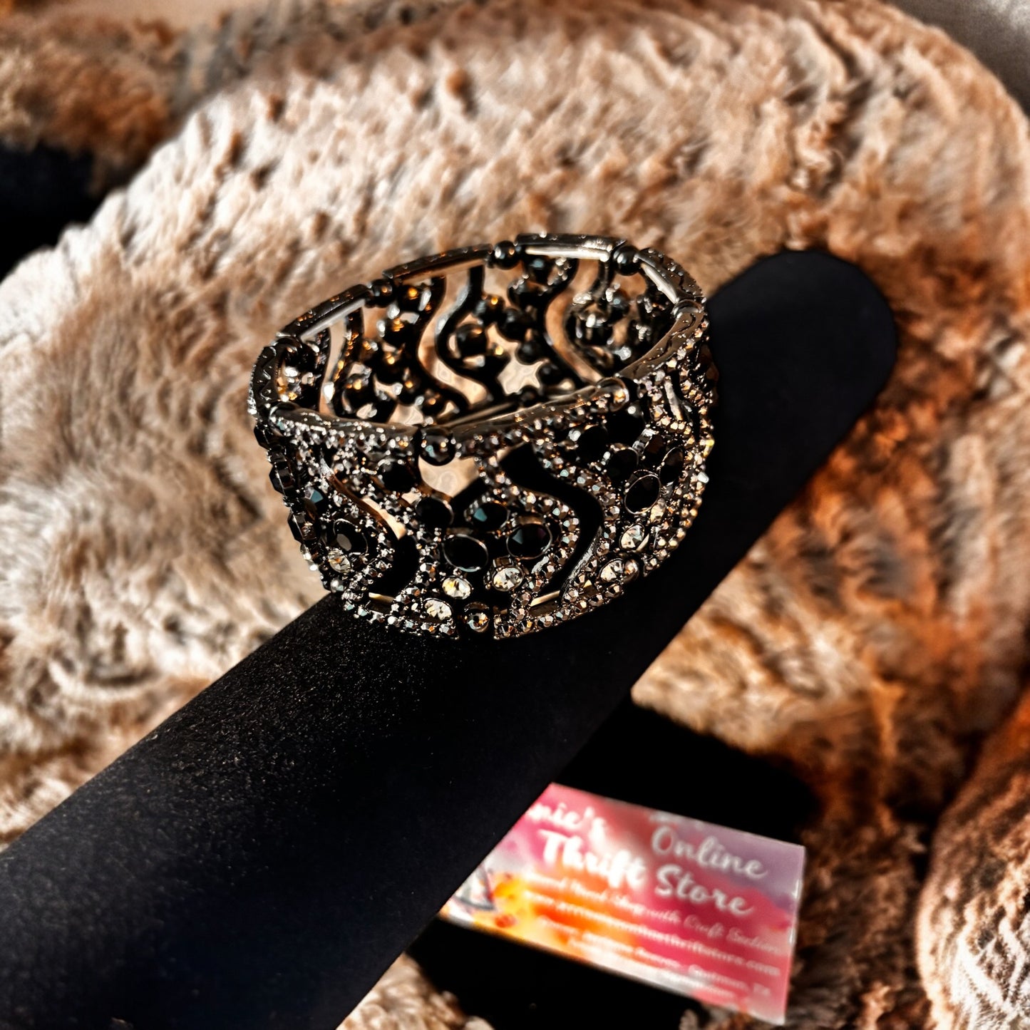 Black Gunmetal Filigree Crystal Cuff Bracelet — Statement Rhinestone Bangle