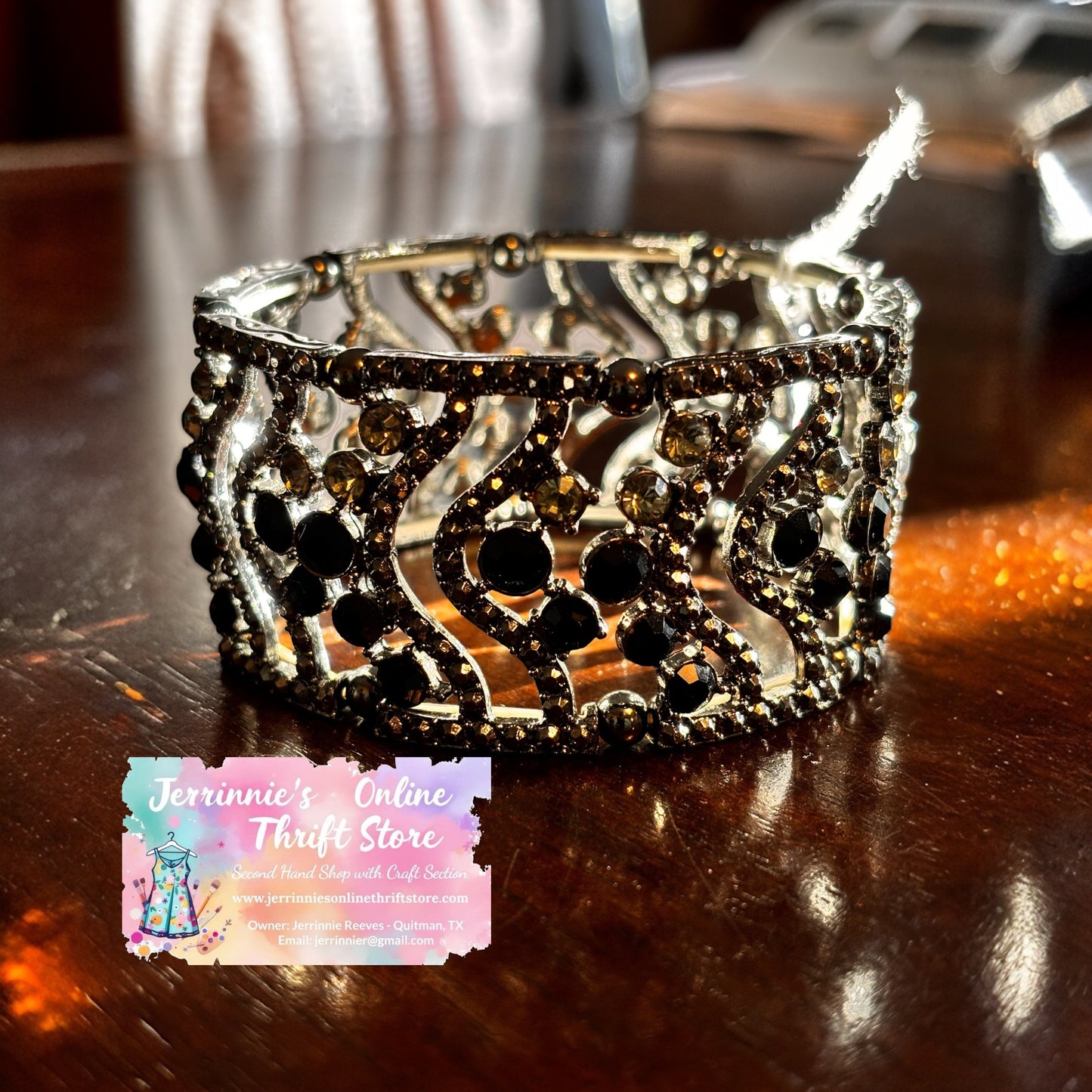 Black Gunmetal Filigree Crystal Cuff Bracelet — Statement Rhinestone Bangle