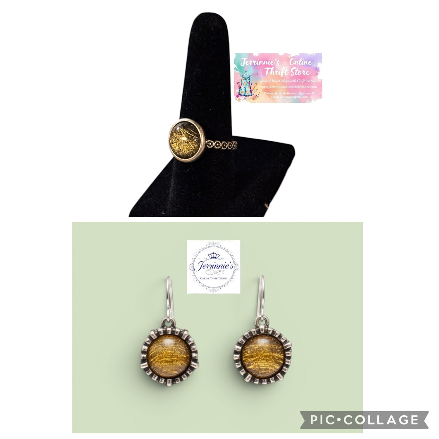 Green Amber Gemstone Round Ring & Drop Earrings Set – Silver-Tone