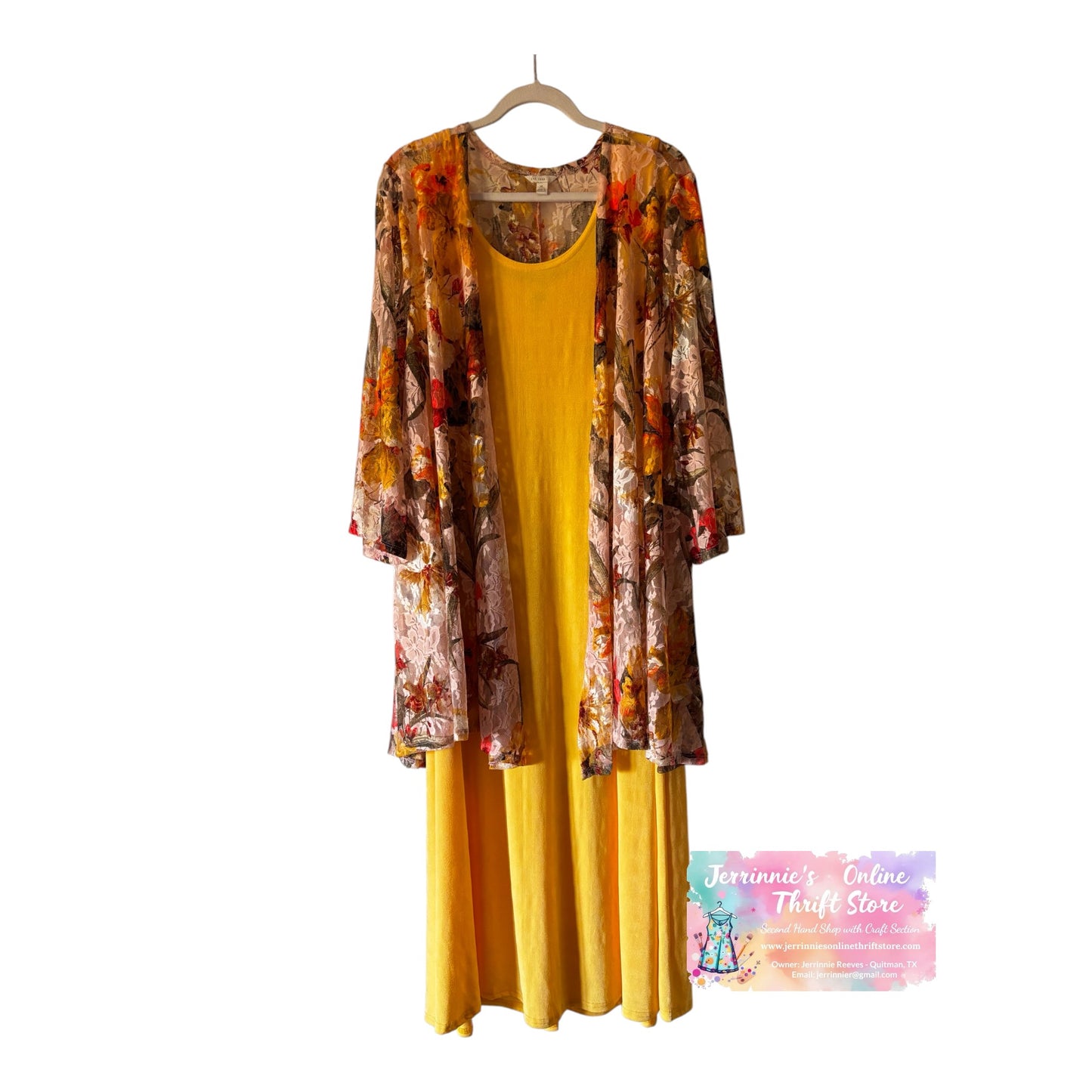 2-Piece Yellow Maxi Dress & Floral Kimono Cardigan Set