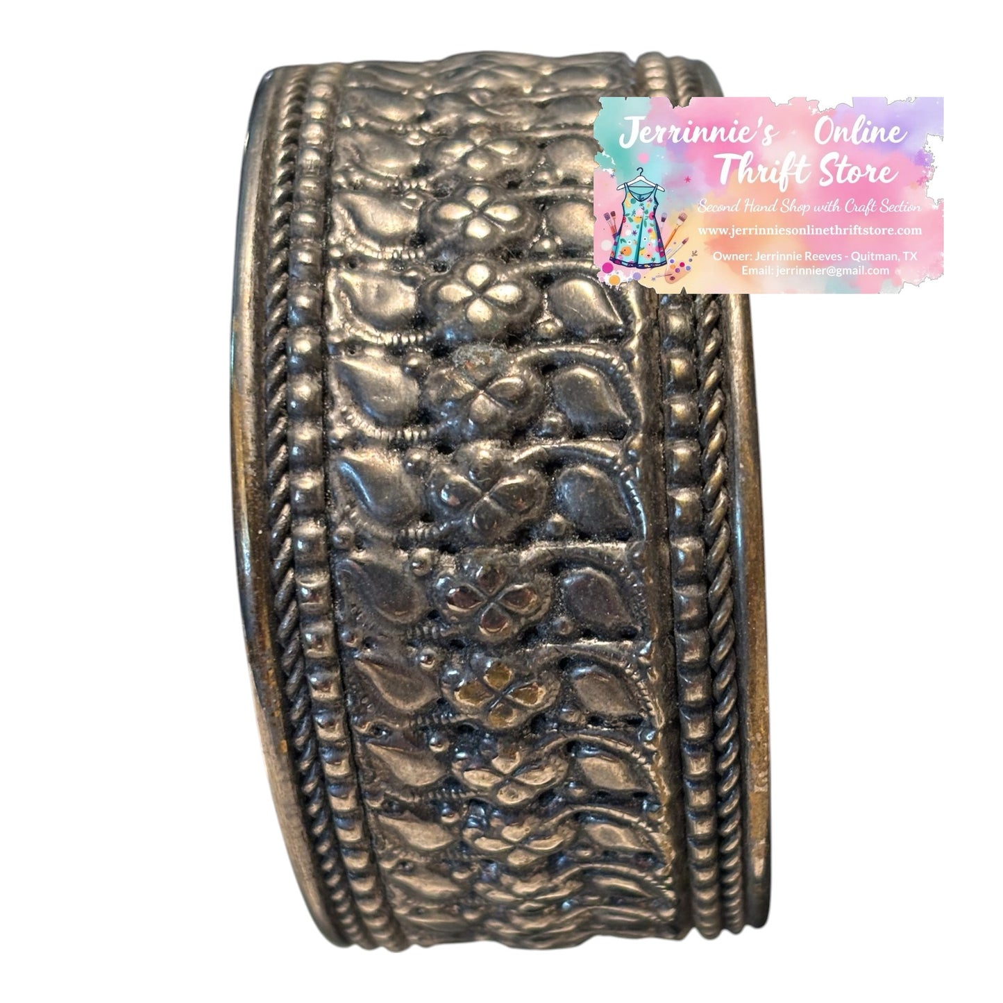 Vintage Silver-Tone Embossed Floral Cuff Bracelet