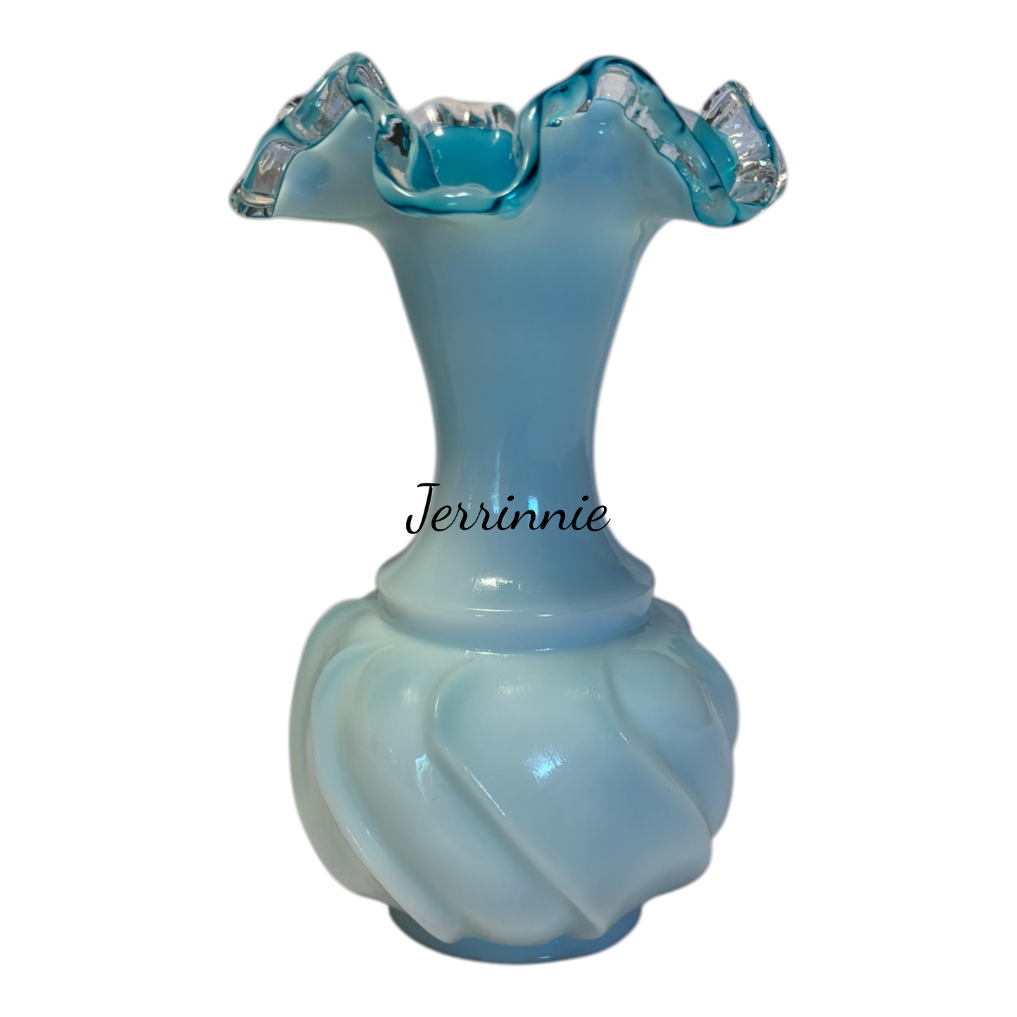 Fenton Jamestown Glass Opalescent White Vase Blue Ruffled Rim