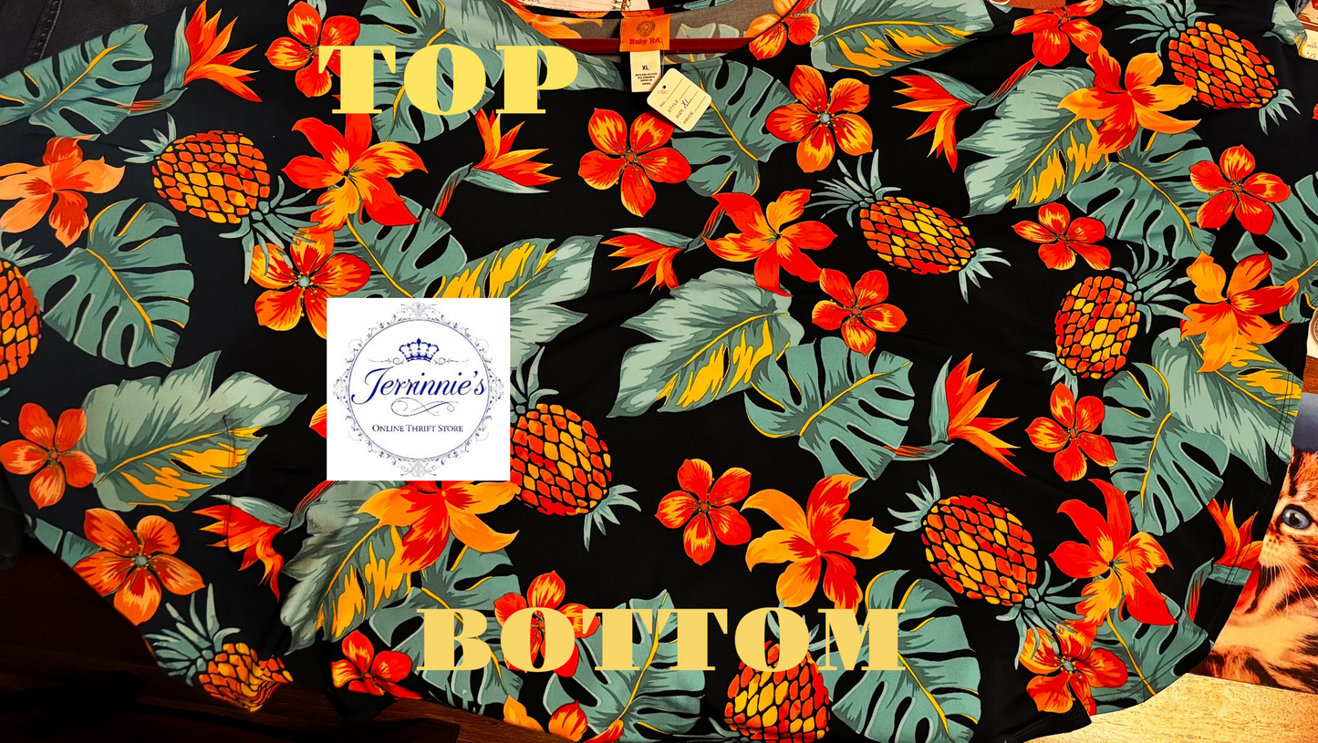 Ruby Rd. Tropical Print Poncho Top — Women's XL Black Floral & Pineapple Blouse