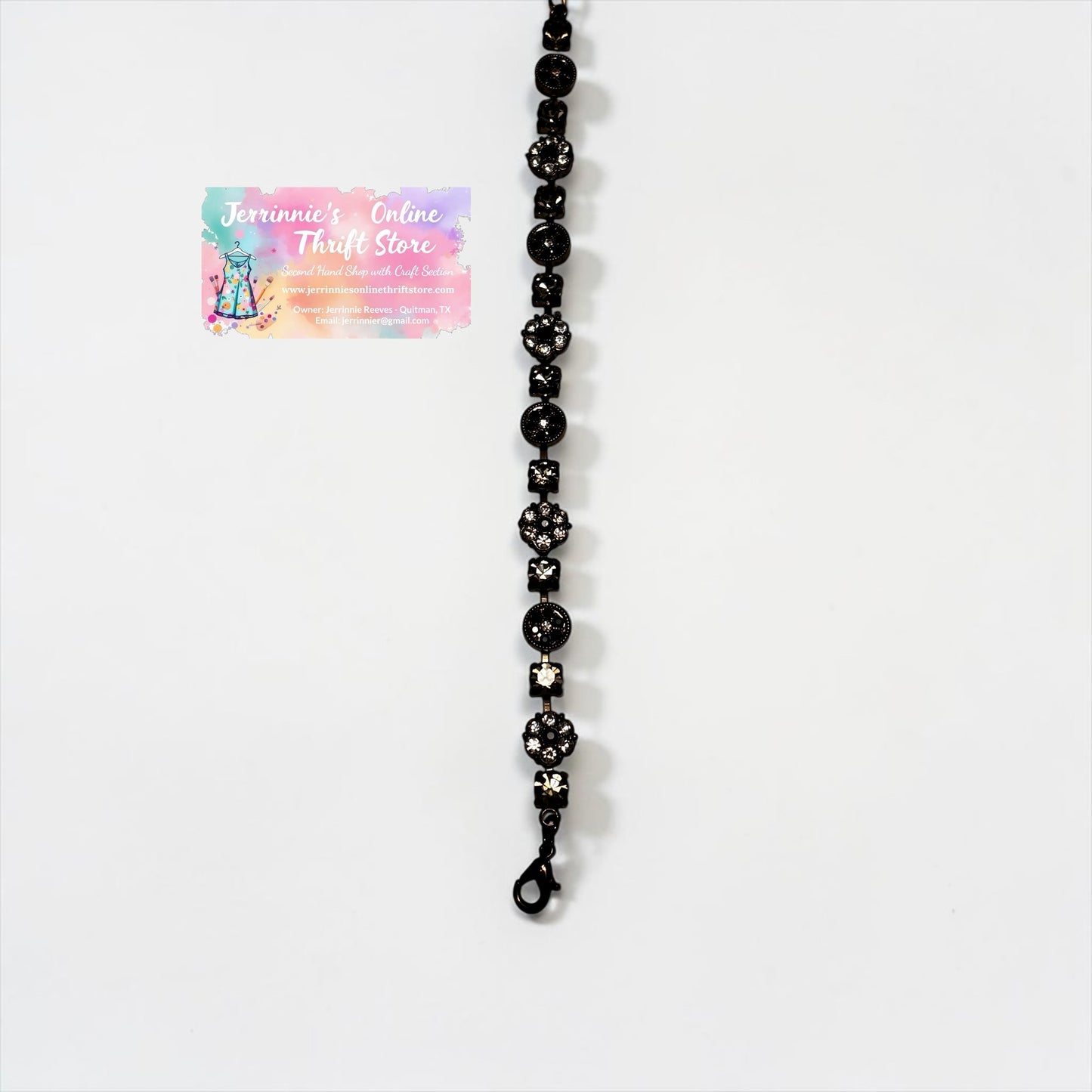 Vintage Black & Crystal Rhinestone Floral Link Bracelet