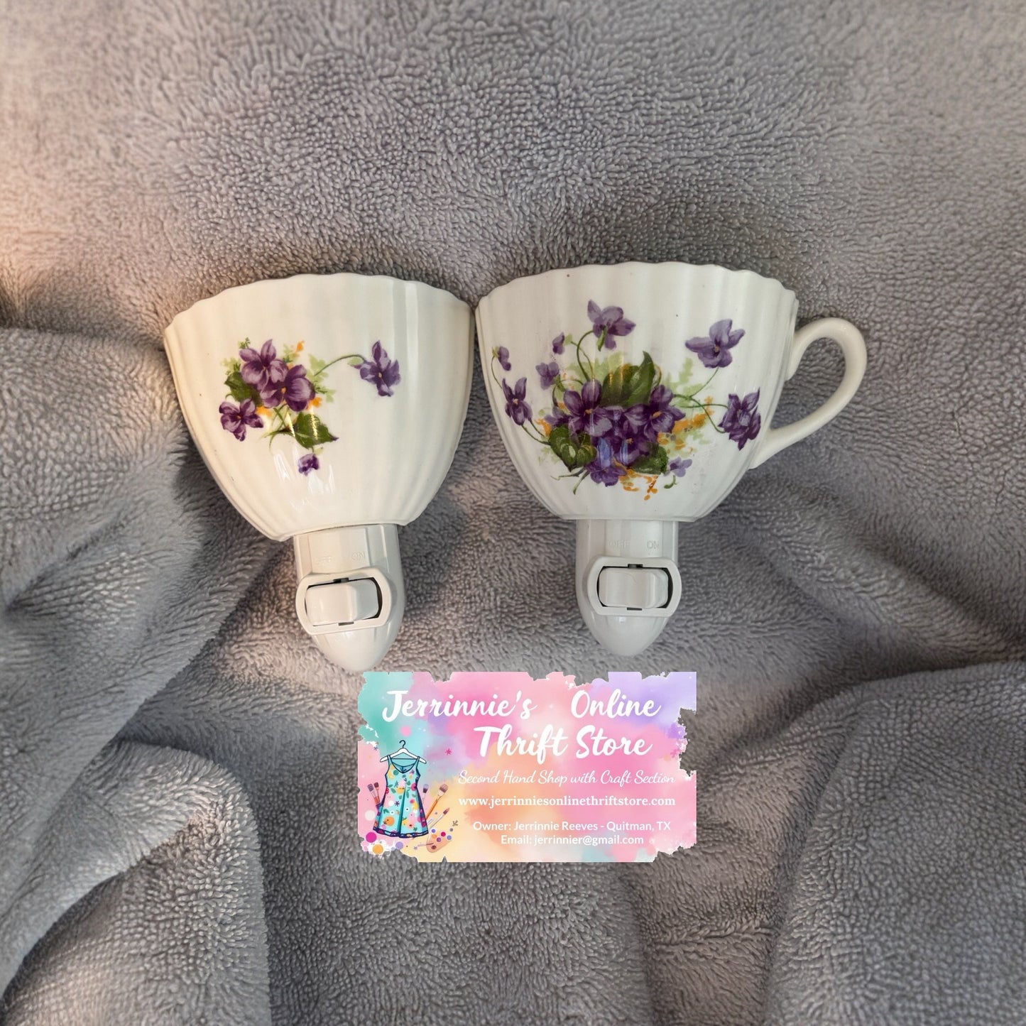 Handcrafted English Bone China Violet Teacup Night Light Set – Set of 2 Plug-In