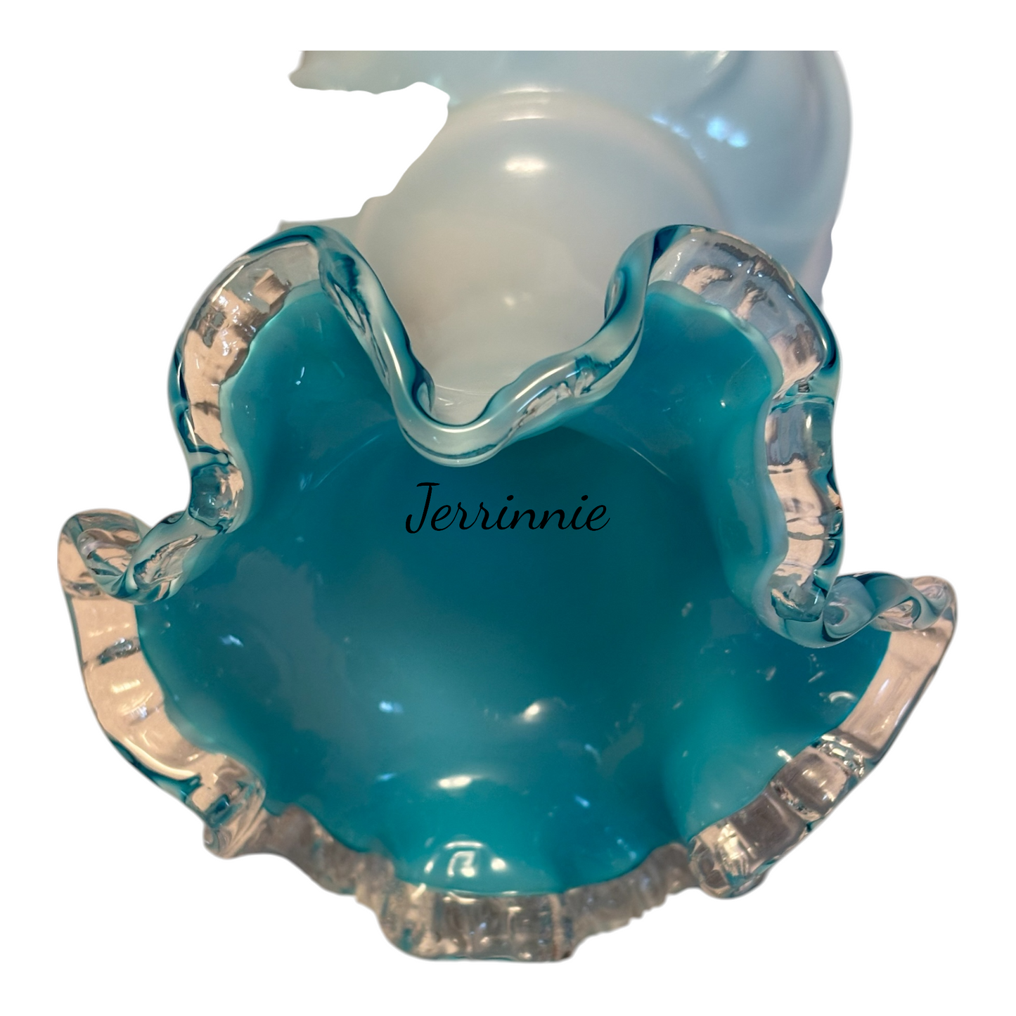 Fenton Jamestown Glass Opalescent White Vase Blue Ruffled Rim