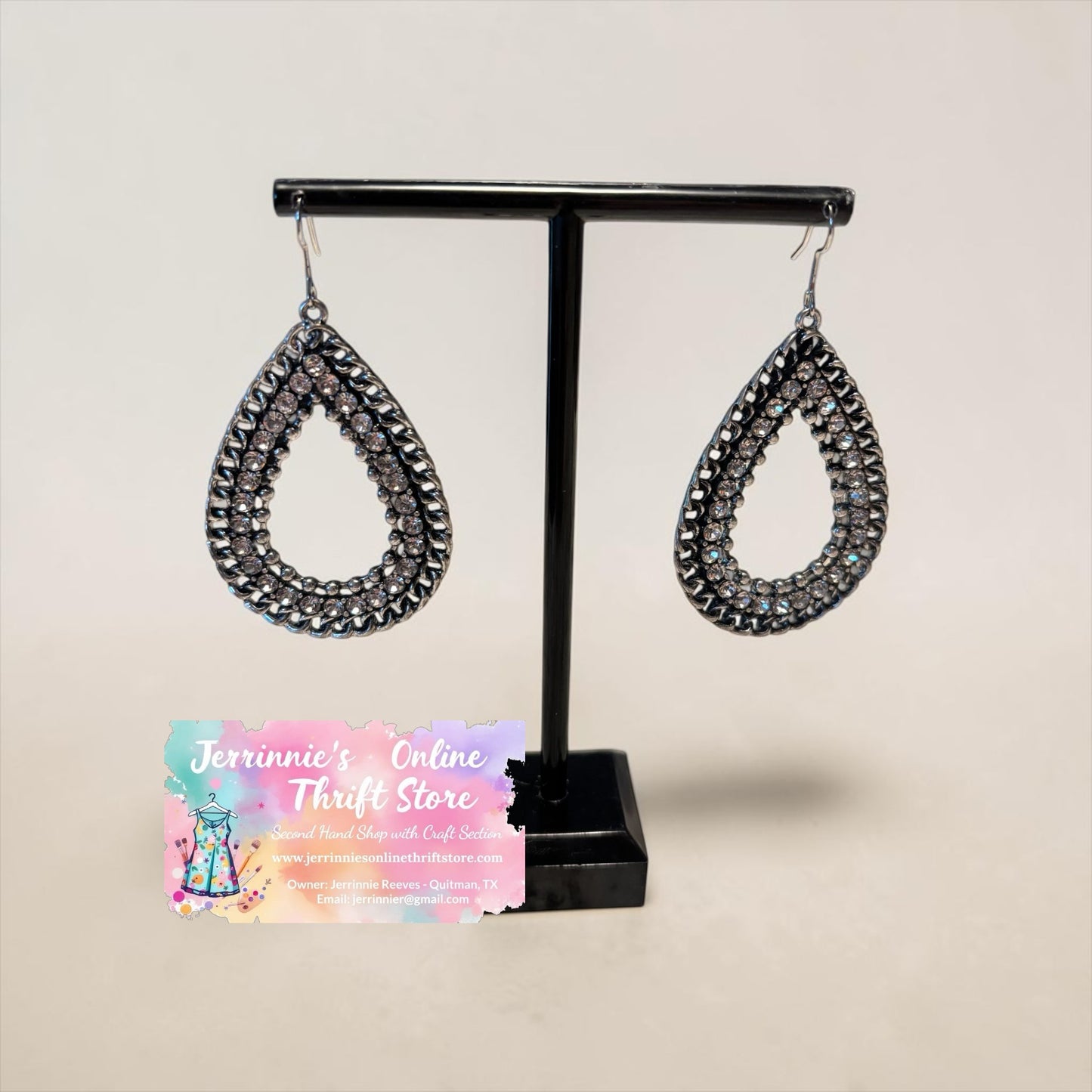 Gunmetal Crystal Rhinestone Open Teardrop Dangle Earrings
